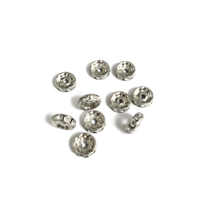 Flat round silvery metal spacer bead with clear rhinestone - diametre 10 mm - 10 pieces