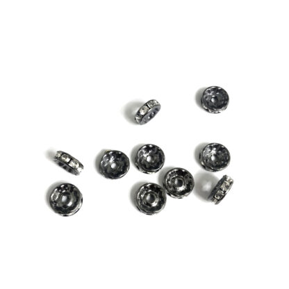Flat round dark grey spacer beads with clear rhinestone - diametre 10 mm - 10 pieces