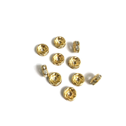Flat round golden metal spacer bead with clear rhinestone - diametre 7 mm - 10 pieces