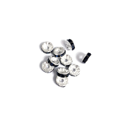 Flat round silvery spacer beads with dark blue rhinestone - diametre 8 mm - 10 pieces