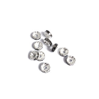 Flat round silvery spacer beads with grey rhinestone - diametre 8 mm - 10 pieces
