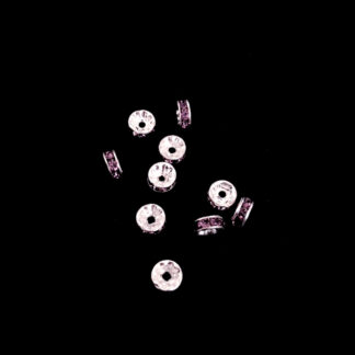 Flat round silvery metal spacer bead with pink rhinestone - diametre 8 mm - 10 pieces