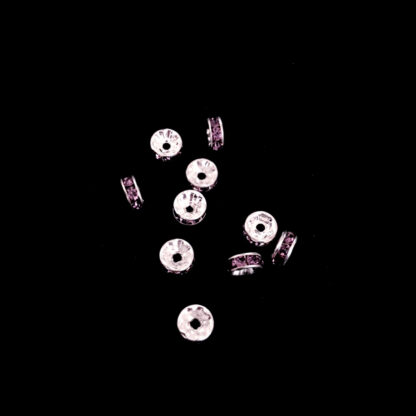 Flat round silvery metal spacer bead with pink rhinestone - diametre 8 mm - 10 pieces