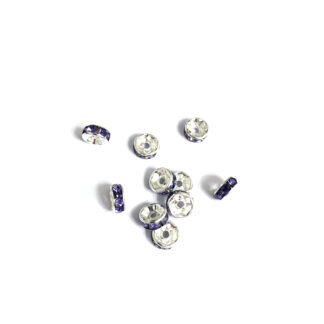 Flat round silvery metal spacer bead with violet rhinestone - diametre 8 mm - 10 pieces