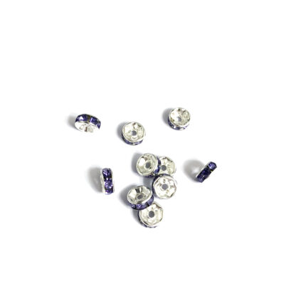 Flat round silvery metal spacer bead with violet rhinestone - diametre 8 mm - 10 pieces