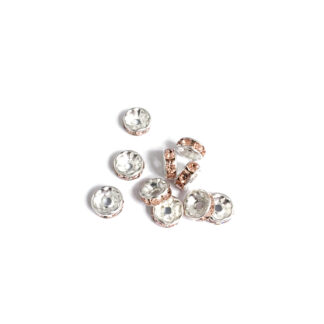 Flat round silvery metal spacer bead with orange pink rhinestone - diametre 8 mm - 10 pieces