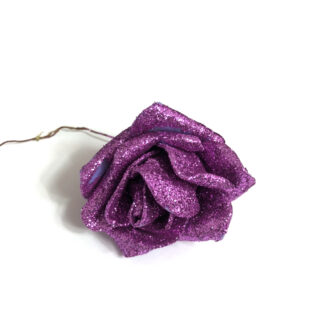 Glittery bluish pink foam rose with green wire stem - size 60 mm