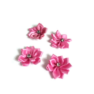 Pink satin ribbon flower with clear rhinestone centre decoration - size 30 mm - 4 pieces
