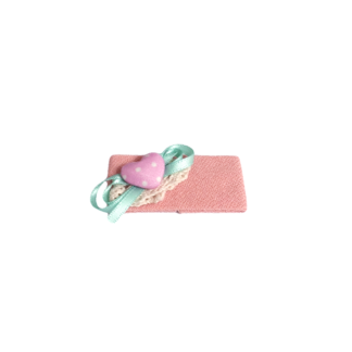 Polka dots pink and white heart green ribbon bow and cream lace on pinkish beige rectangle fabric decoration for hair clips by piece - size 25 x 55 mm