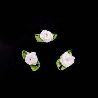 White satin ribbon flower with green leaves decoration - size 16 x 25 mm - 10 pieces