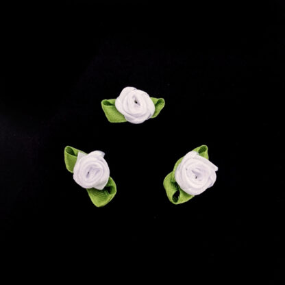 White satin ribbon flower with green leaves decoration - size 16 x 25 mm - 10 pieces