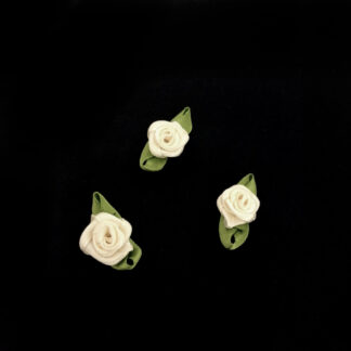 Yellowish cream satin ribbon flower with green leaves decoration - size 13 x 30 mm - 10 pieces