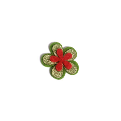 Glittery green and red flowers felt decoration by piece - diametre 35 mm
