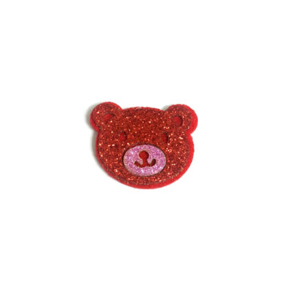 Glittery red bear head with pink nose felt decoration by piece - size 31 x 37 mm