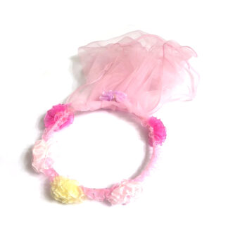 Yellow pink and purple organza flowers head decoration band with net veil for girls - length 500 mm - diametre 160 mm