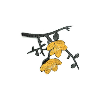 Silvery stamens and stem reddish yellow flowers on black iron-on garment sticker by piece - size 85 x 100 mm