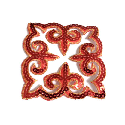Red sequins and golden threads square-shaped decoration embroidered iron-on garment sticker by piece - size 96 mm