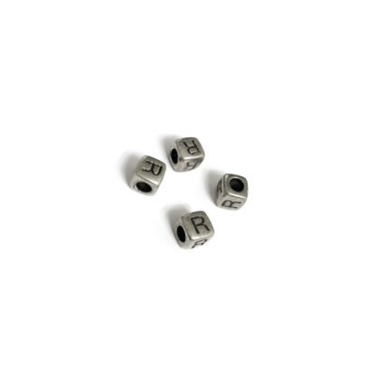 Silvery letter R cube bead - size 7 mm - 4 pieces