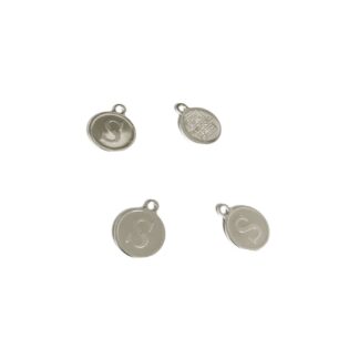 Silvery metal flat round letter S pendant - diametre 10 mm - 4 pieces