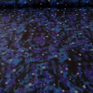Night star magic silvery stars surrounded by pink eyed purple spots on blue and black print pure cotton quilting fabric - width 110 cm