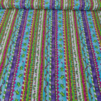 Multi colour stripes with fish, leaves, snowflakes and berries print pure cotton quilting fabric - width 110 cm