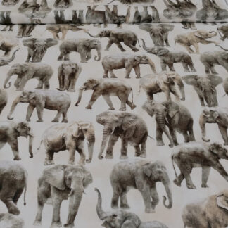Grey elephants on stone beige print pure cotton quilting fabric - width 110 cm
