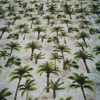 Green palm tree and brown compass rose on spotty white print pure cotton quilting fabric - width 110 cm