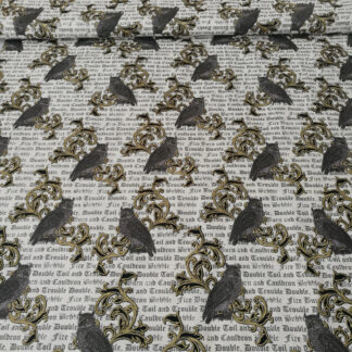 Toil and trouble grey owls rested on black and golden branch on white print pure cotton quilting fabric - width 110 cm