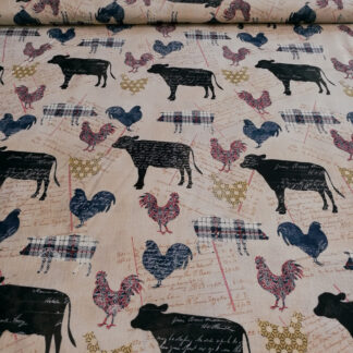 Farm animals including cows, pigs and hens on benjamin moore barely beige print pure cotton quilting fabric - width 110 cm