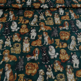 Various dogs on green print pure cotton quilting fabric - width 110 cm